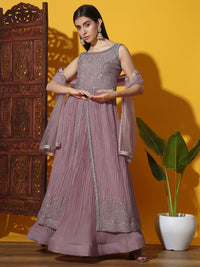 Mirror Embroidered Jacket Style High Slit Kurta with Pleated Lehenga