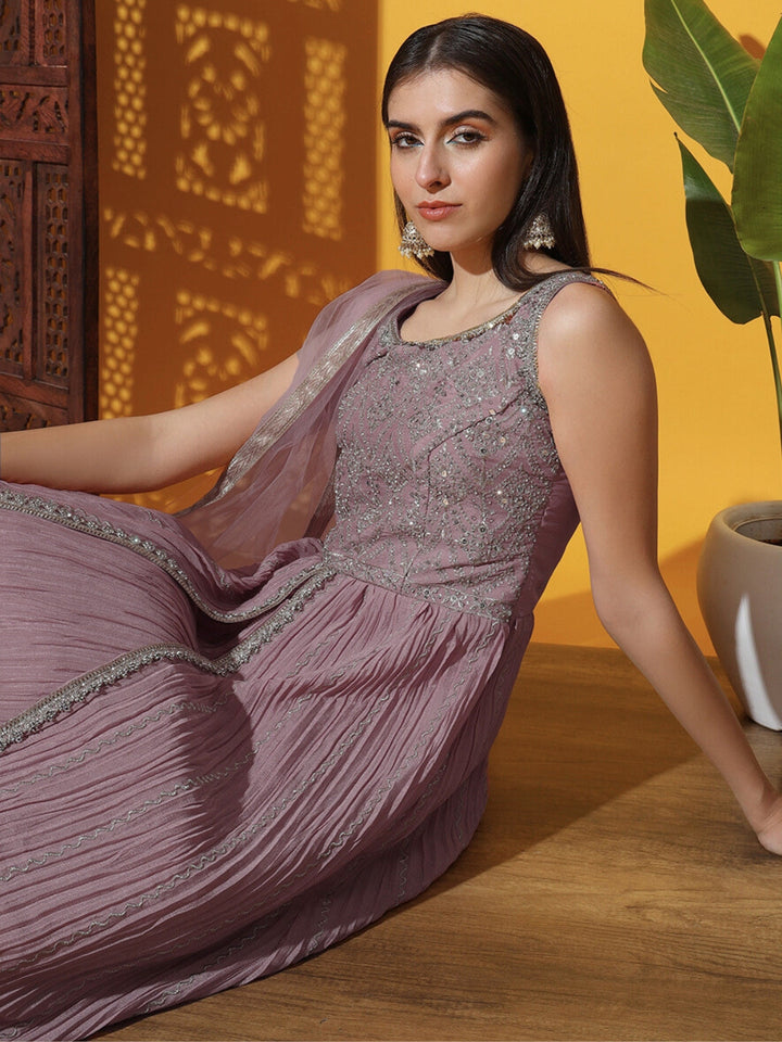 Mirror Embroidered Jacket Style High Slit Kurta with Pleated Lehenga