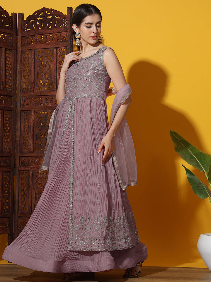 Mirror Embroidered Jacket Style High Slit Kurta with Pleated Lehenga