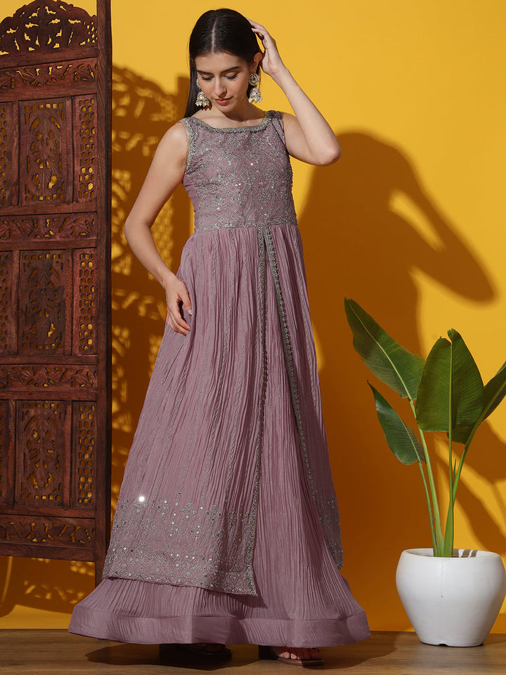 Mirror Embroidered Jacket Style High Slit Kurta with Pleated Lehenga