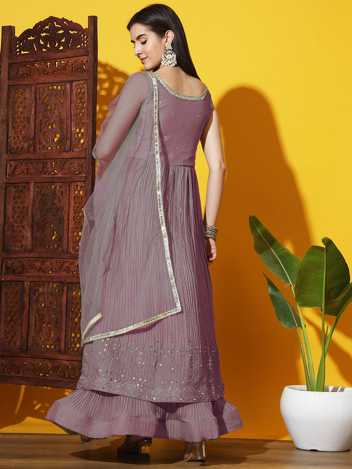 Mirror Embroidered Jacket Style High Slit Kurta with Pleated Lehenga