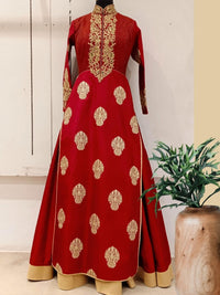 Red Royal Look Golden Zari Embellished Silk Lehenga Choli Set With Long jacket