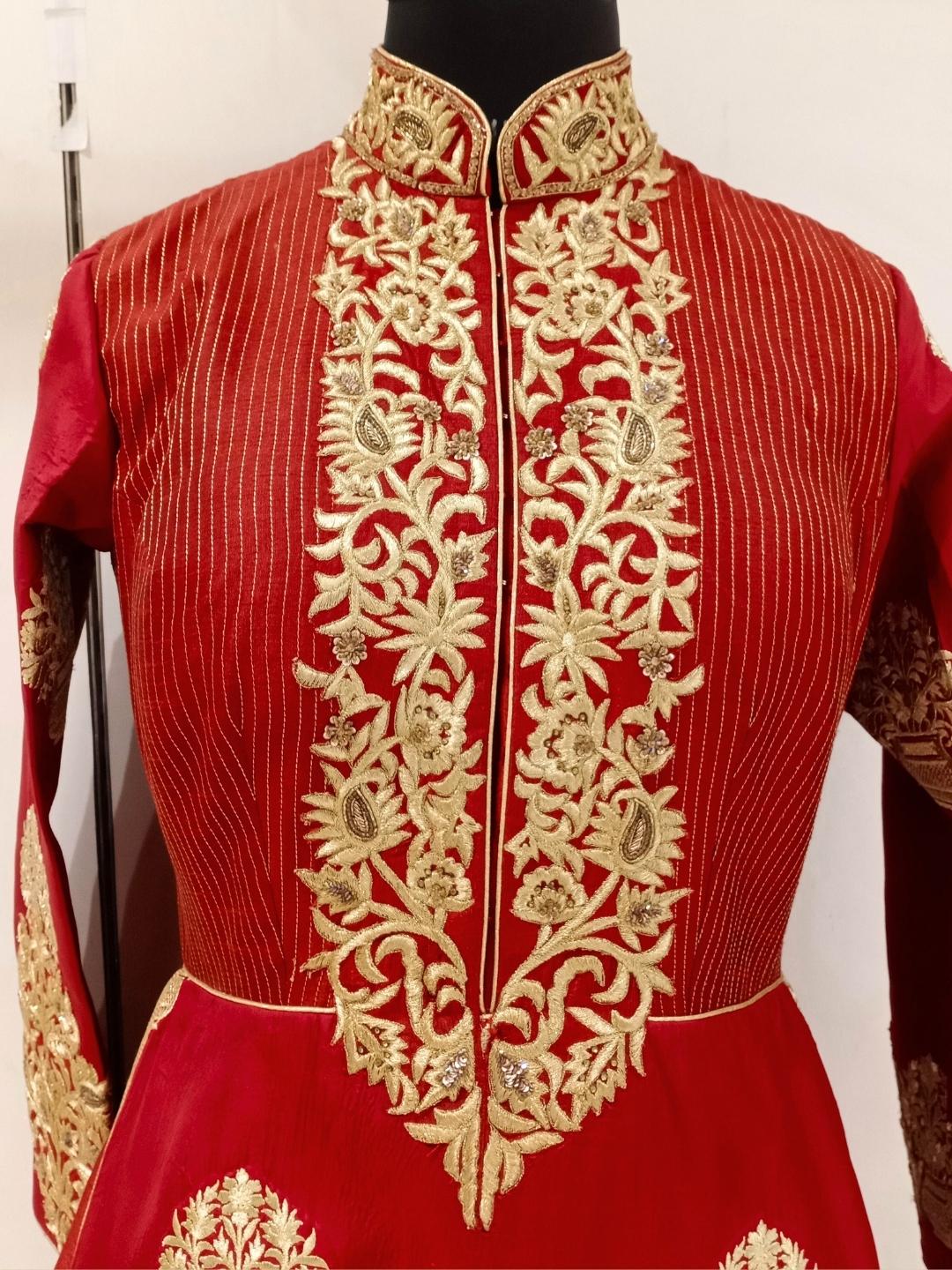Red Royal Look Golden Zari Embellished Silk Lehenga Choli Set With Long jacket