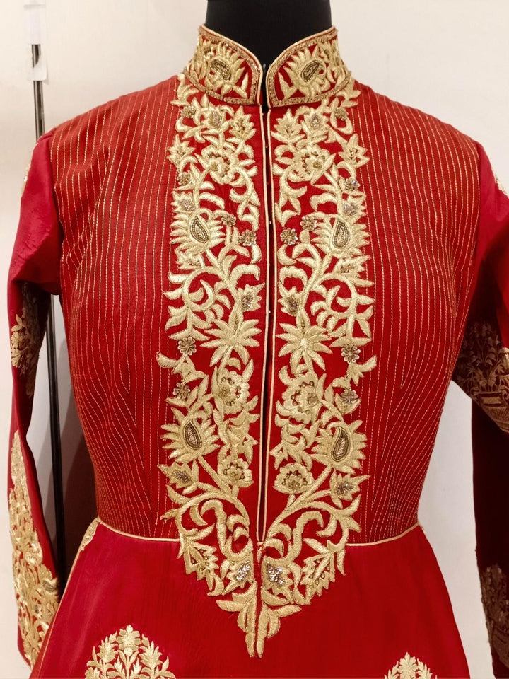 Red Royal Look Golden Zari Embellished Silk Lehenga Choli Set With Long jacket