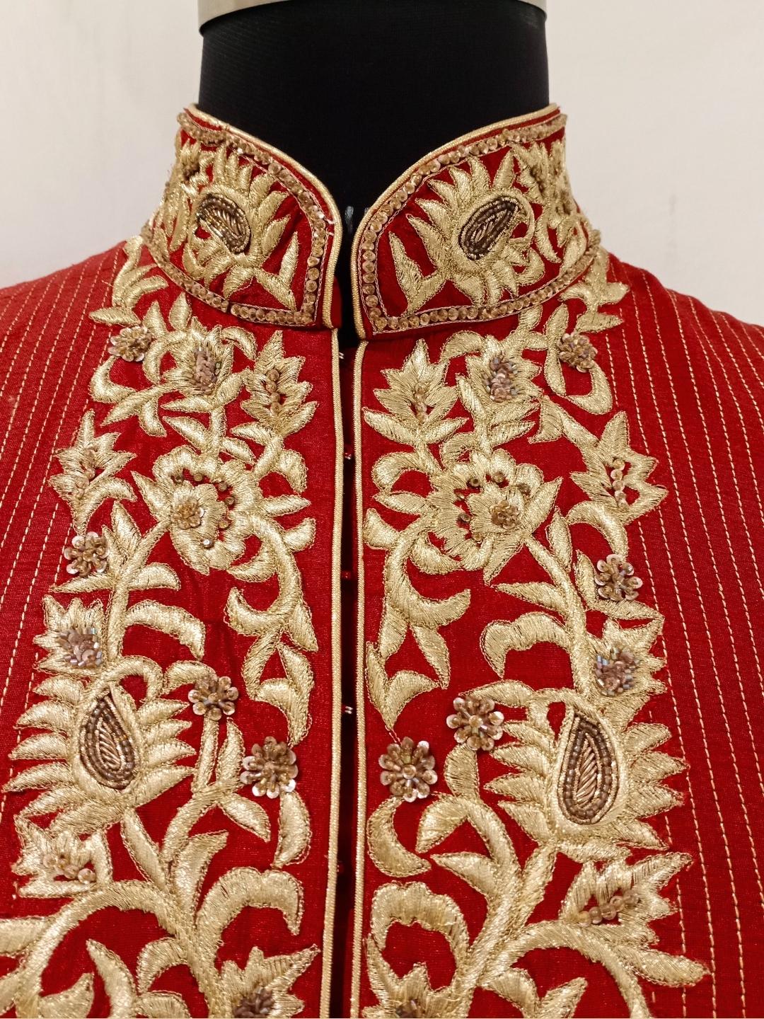 Red Royal Look Golden Zari Embellished Silk Lehenga Choli Set With Long jacket