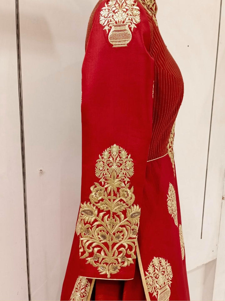 Red Royal Look Golden Zari Embellished Silk Lehenga Choli Set With Long jacket