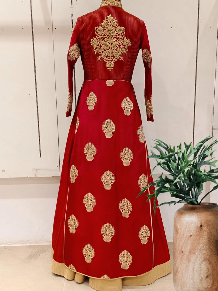 Red Royal Look Golden Zari Embellished Silk Lehenga Choli Set With Long jacket