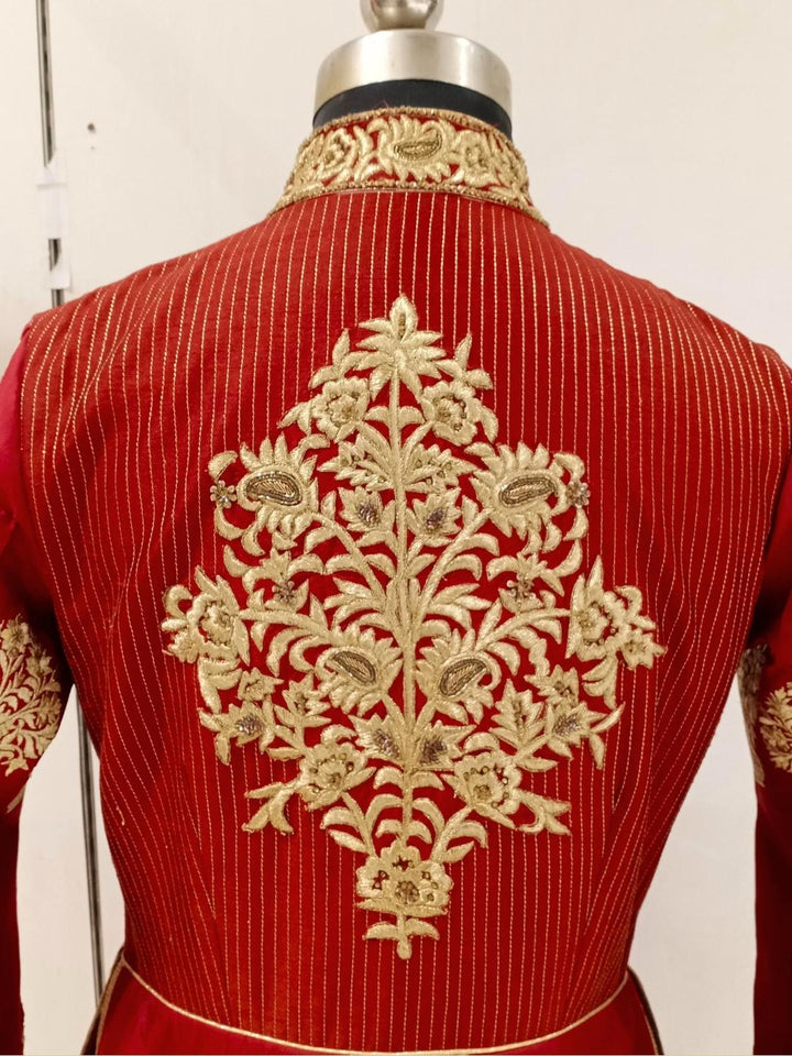 Red Royal Look Golden Zari Embellished Silk Lehenga Choli Set With Long jacket
