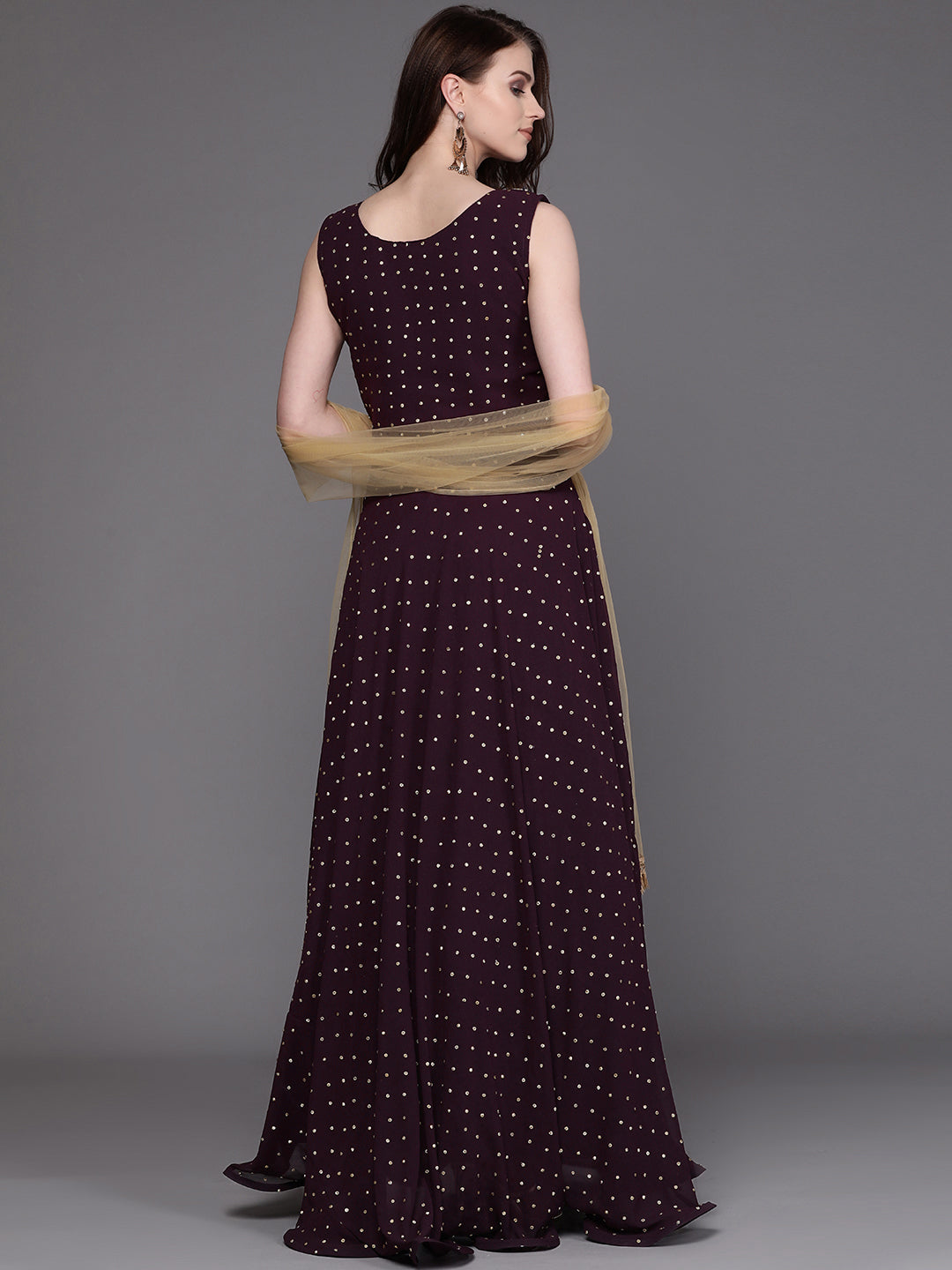 Purple Embellished Gown with Fringed Gold Dupatta