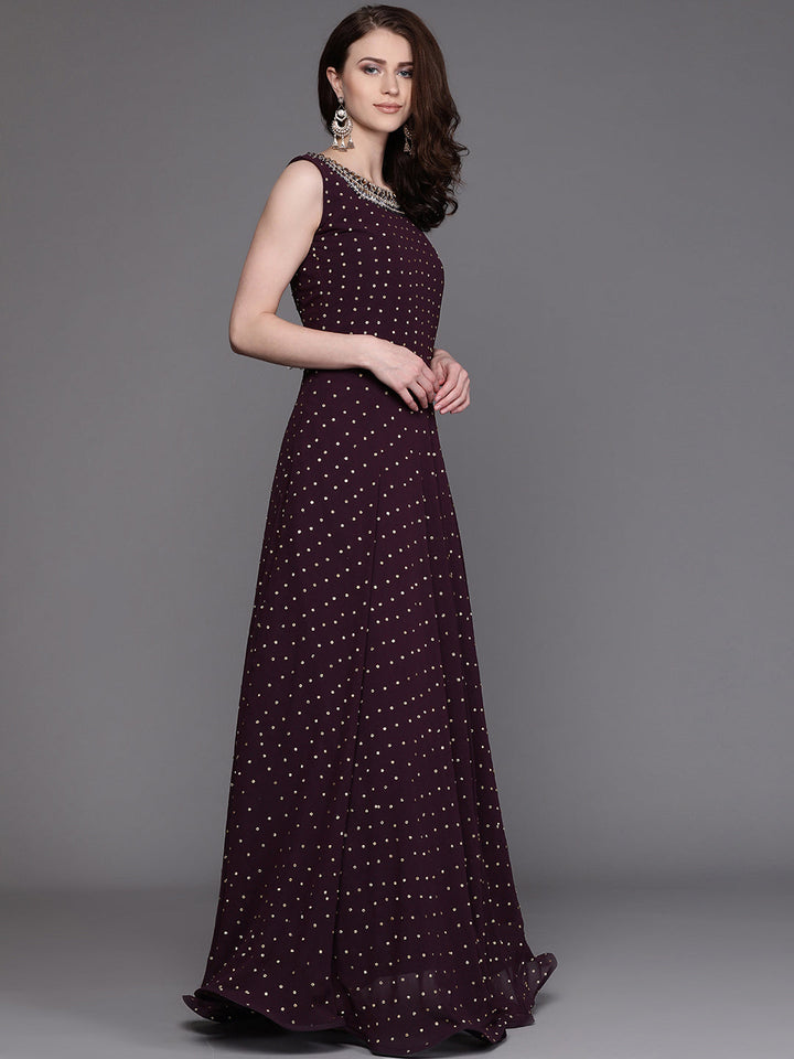 Purple Embellished Gown with Fringed Gold Dupatta