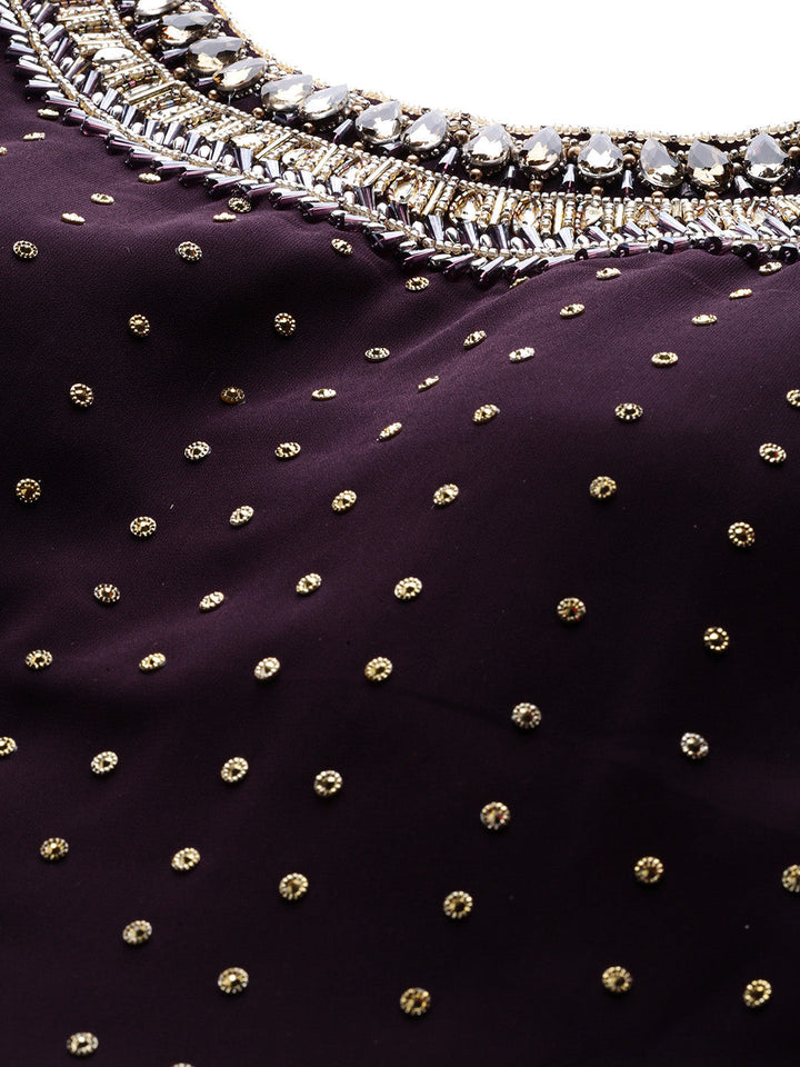 Purple Embellished Gown with Fringed Gold Dupatta