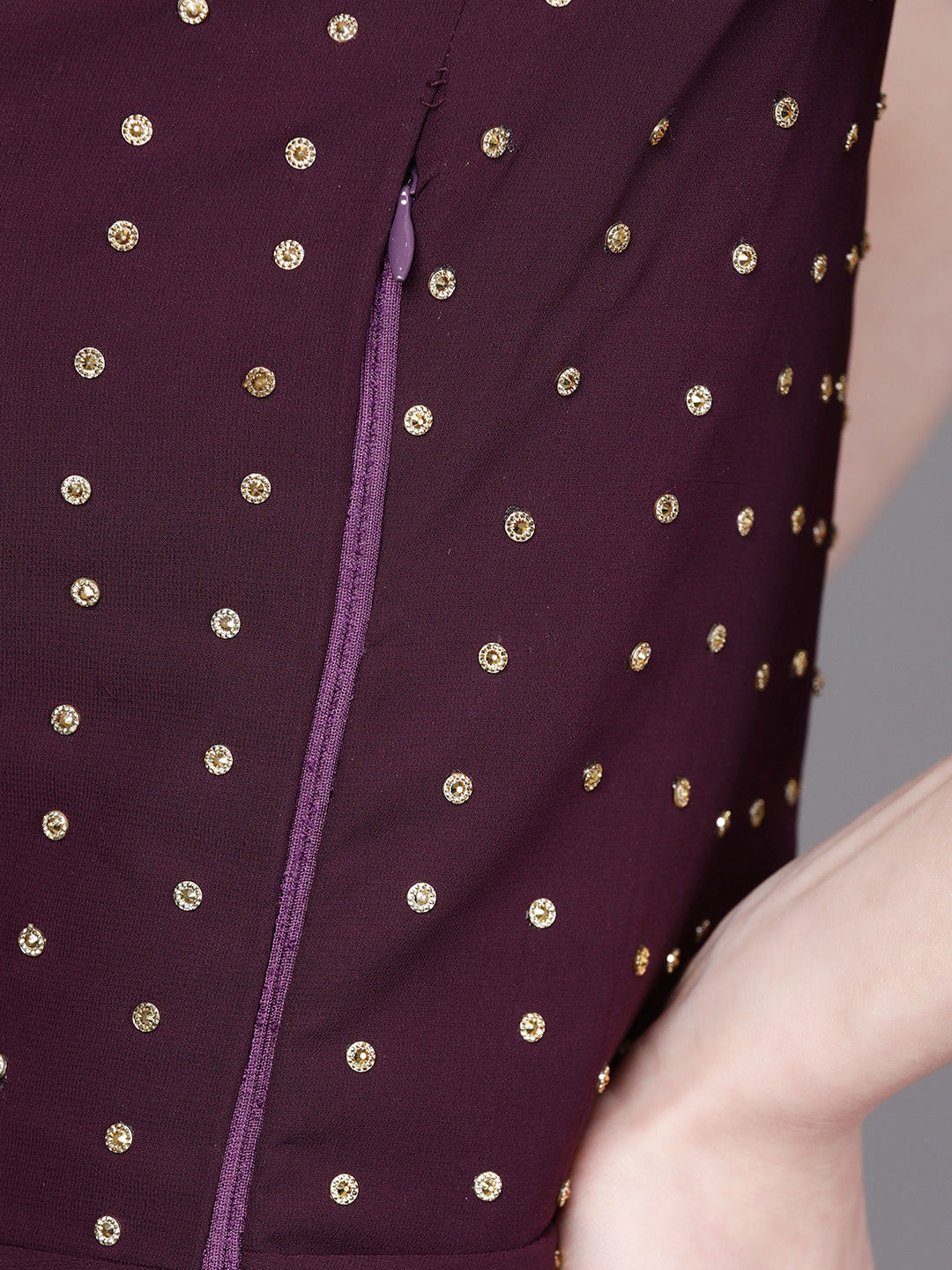 Purple Embellished Gown with Fringed Gold Dupatta