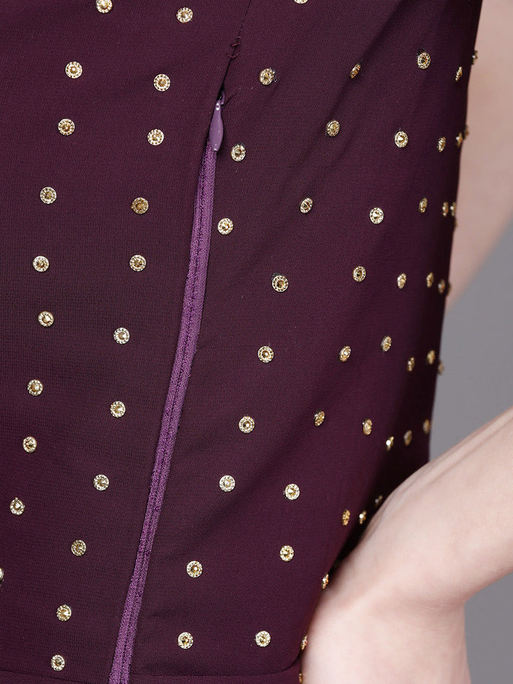Purple Embellished Gown with Fringed Gold Dupatta