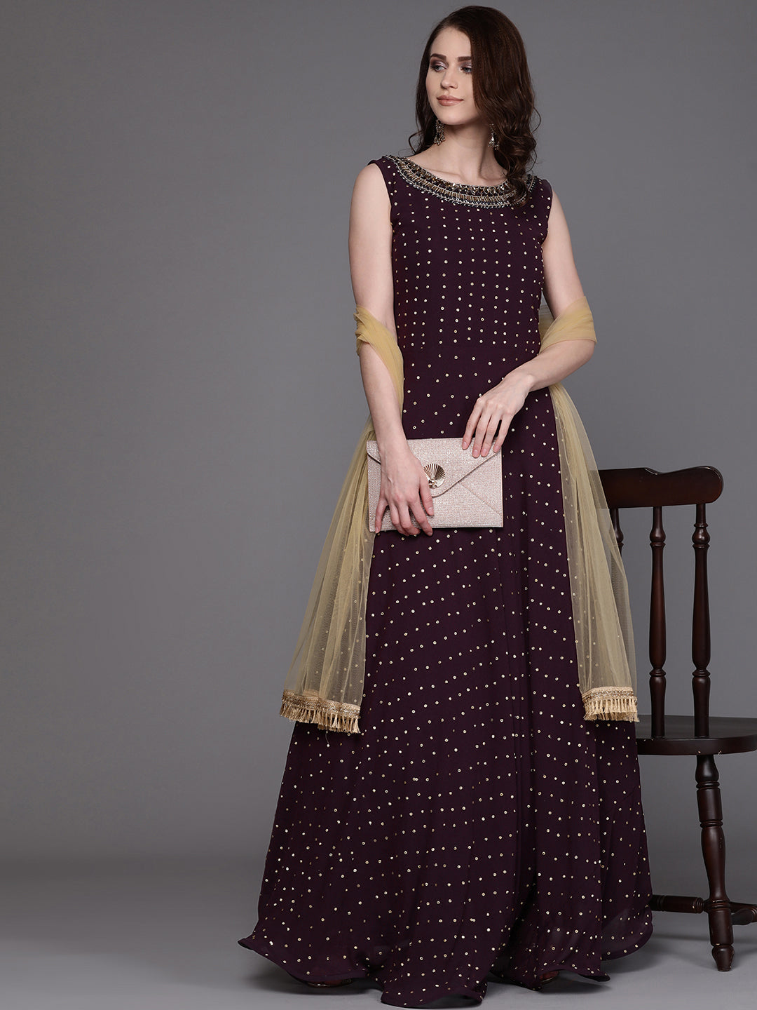 Purple Embellished Gown with Fringed Gold Dupatta