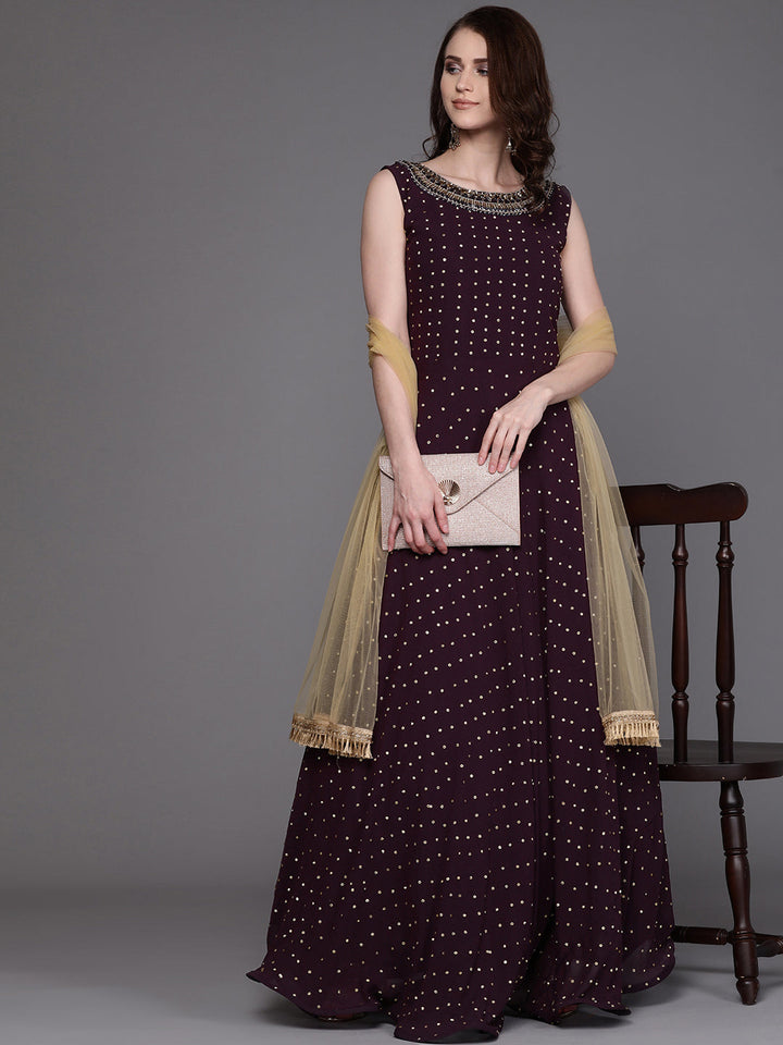 Purple Embellished Gown with Fringed Gold Dupatta