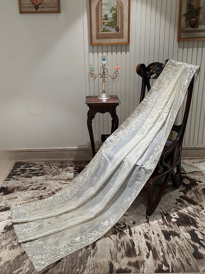 Exquisite White Organza Saree with Silver Detailing