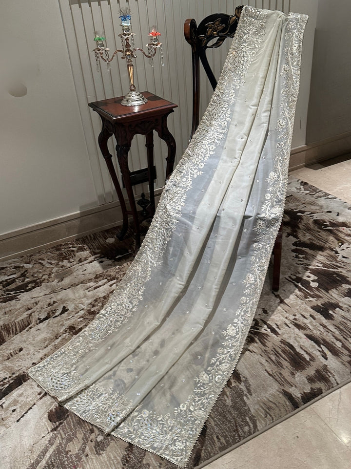 Exquisite White Organza Saree with Silver Detailing