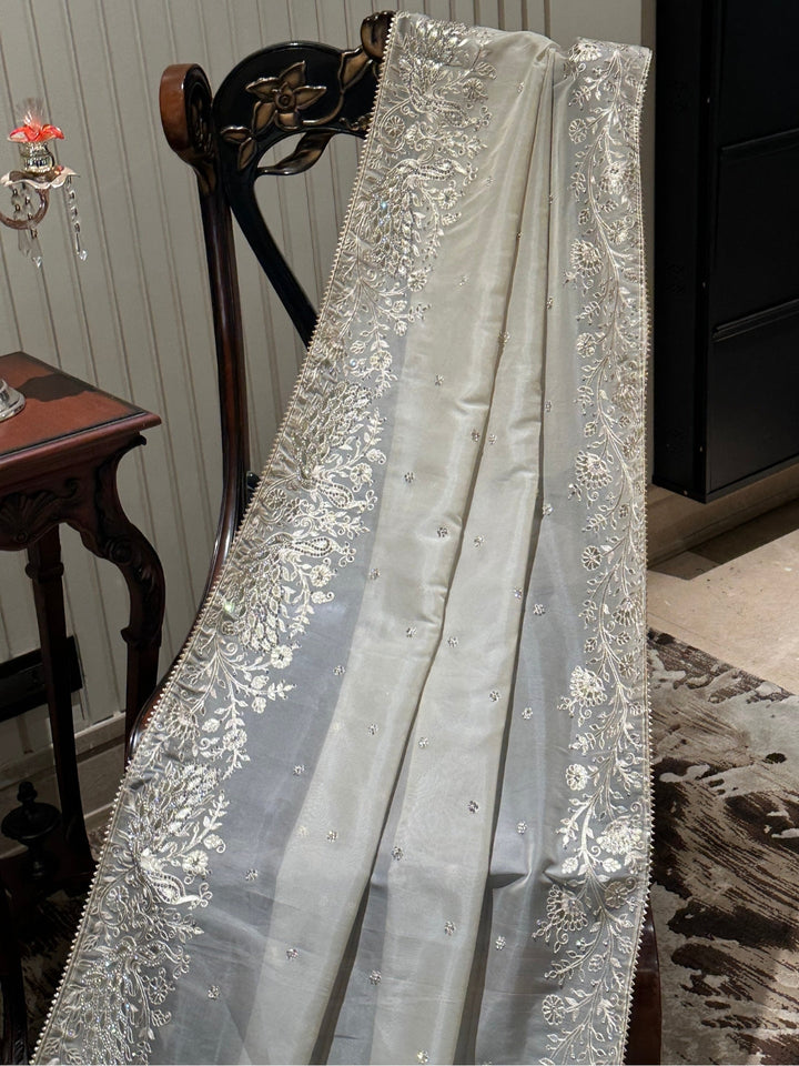 Exquisite White Organza Saree with Silver Detailing
