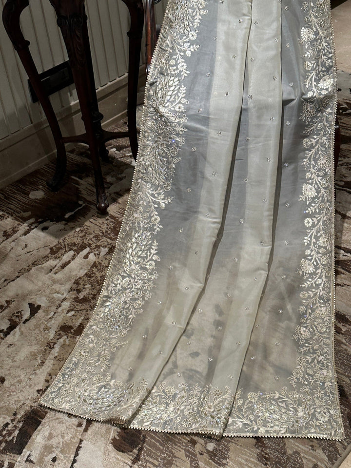Exquisite White Organza Saree with Silver Detailing