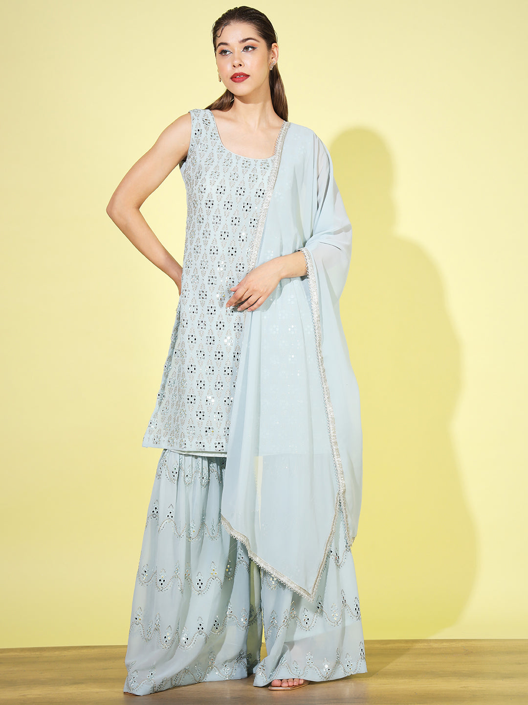 Aqua Blue Zari Embroidered Kurta Set with Flared Jewel inspried sharara