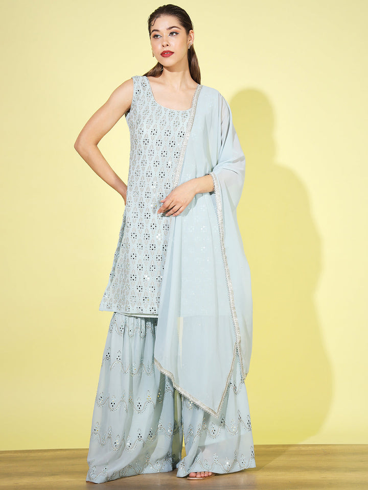 Aqua Blue Zari Embroidered Kurta Set with Flared Jewel inspried sharara