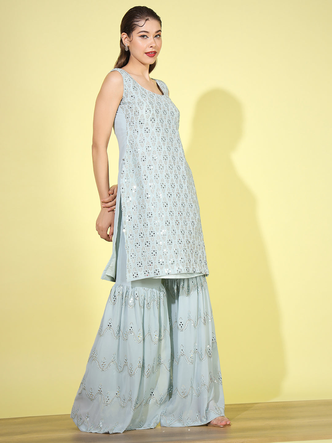 Aqua Blue Zari Embroidered Kurta Set with Flared Jewel inspried sharara
