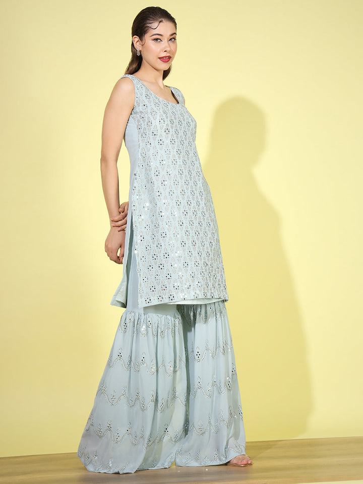 Aqua Blue Zari Embroidered Kurta Set with Flared Jewel inspried sharara