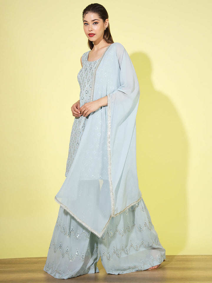 Aqua Blue Zari Embroidered Kurta Set with Flared Jewel inspried sharara