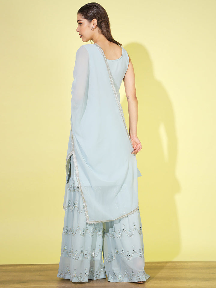 Aqua Blue Zari Embroidered Kurta Set with Flared Jewel inspried sharara