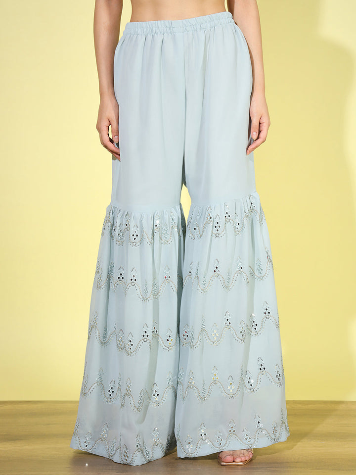 Aqua Blue Zari Embroidered Kurta Set with Flared Jewel inspried sharara