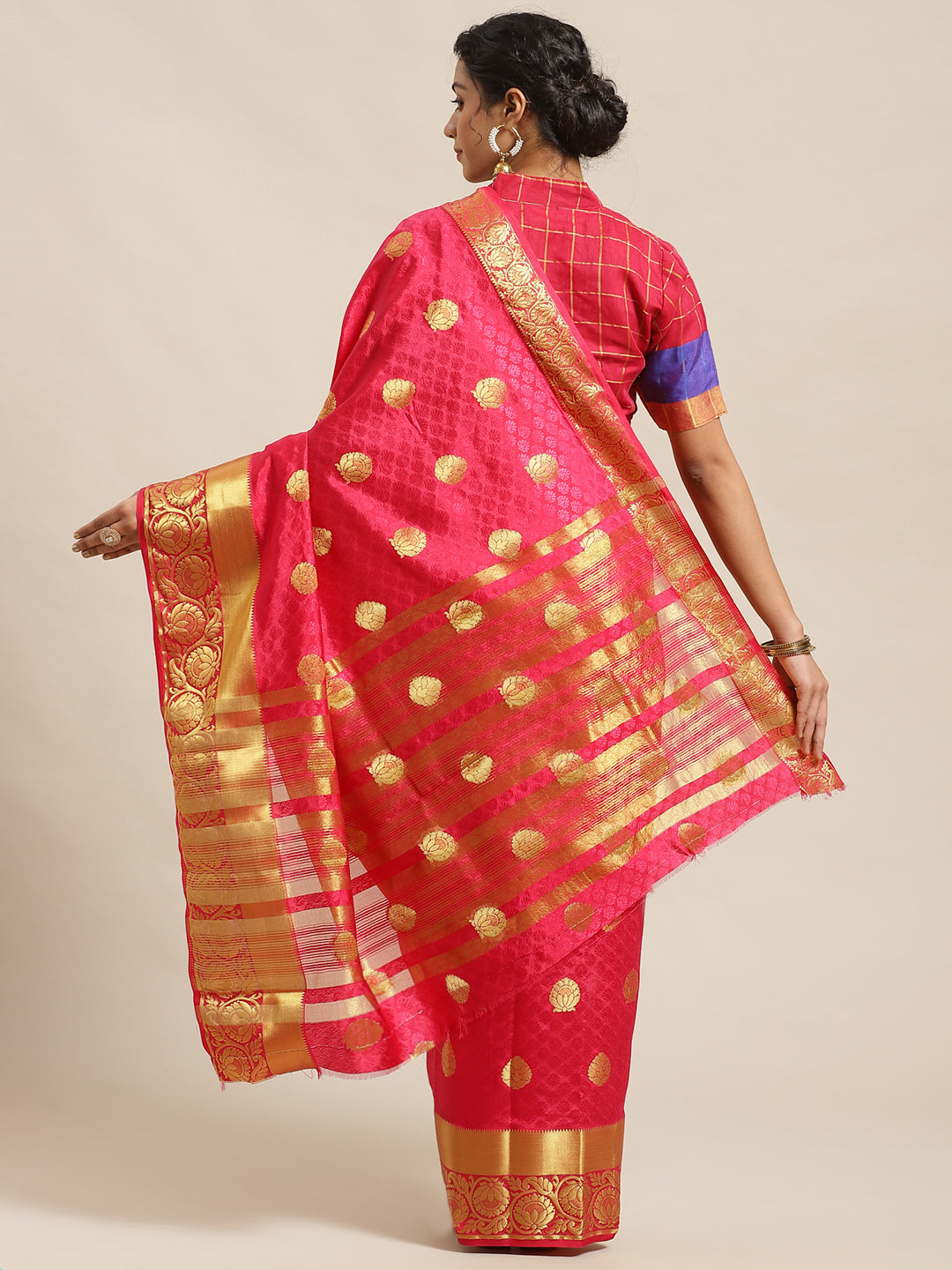 Rani Pink Kanjiwaram Satin Silk Saree with embossed saree and Zari floral motifs