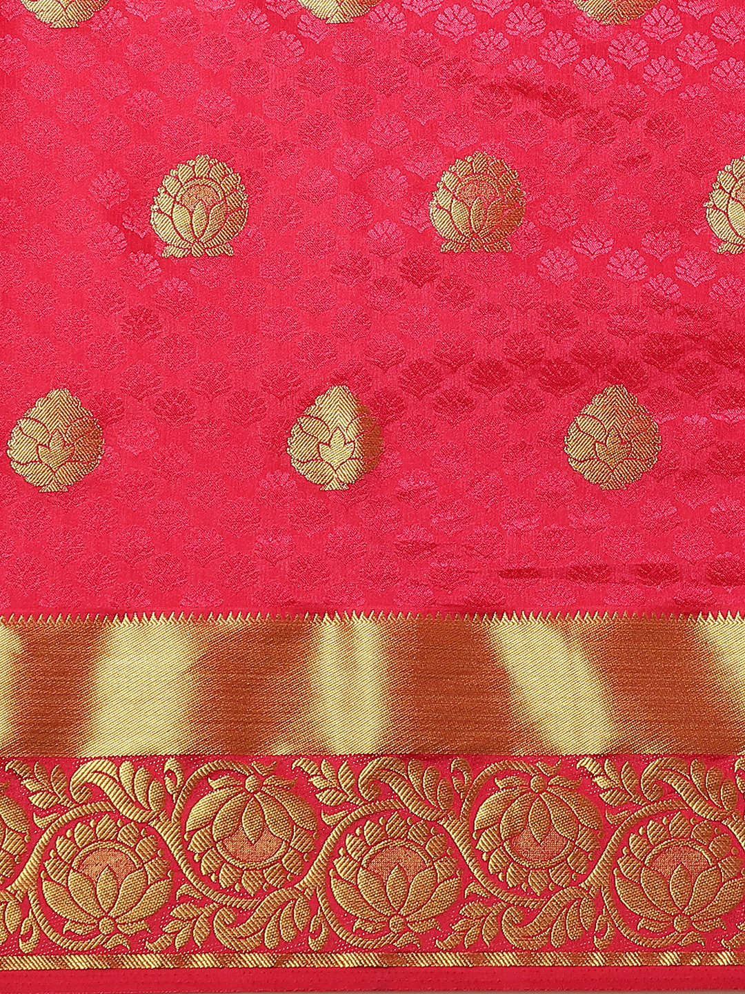 Rani Pink Kanjiwaram Satin Silk Saree with embossed saree and Zari floral motifs