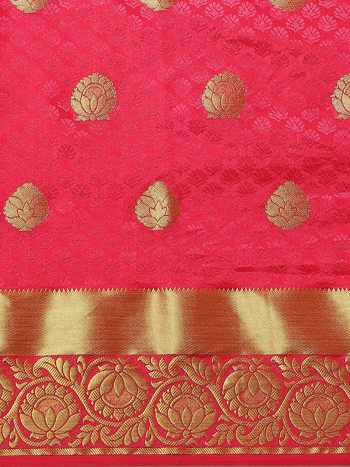 Rani Pink Kanjiwaram Satin Silk Saree with embossed saree and Zari floral motifs