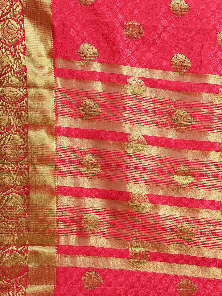 Rani Pink Kanjiwaram Satin Silk Saree with embossed saree and Zari floral motifs