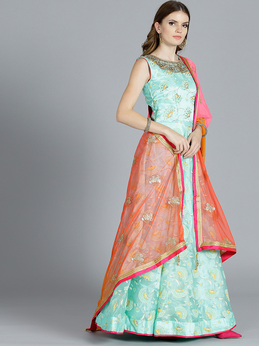 Foil Print Anarkali Suit with Ombre Embroidered Dupatta