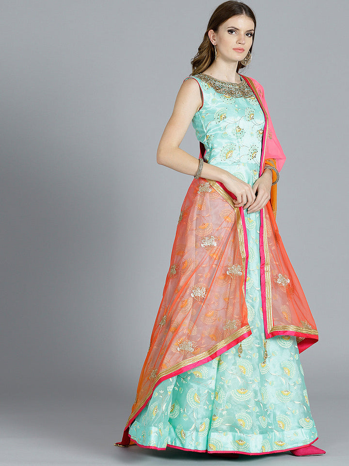 Foil Print Anarkali Suit with Ombre Embroidered Dupatta