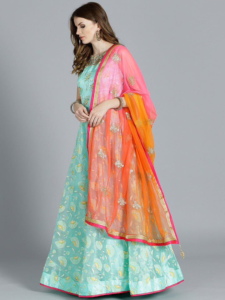 Foil Print Anarkali Suit with Ombre Embroidered Dupatta