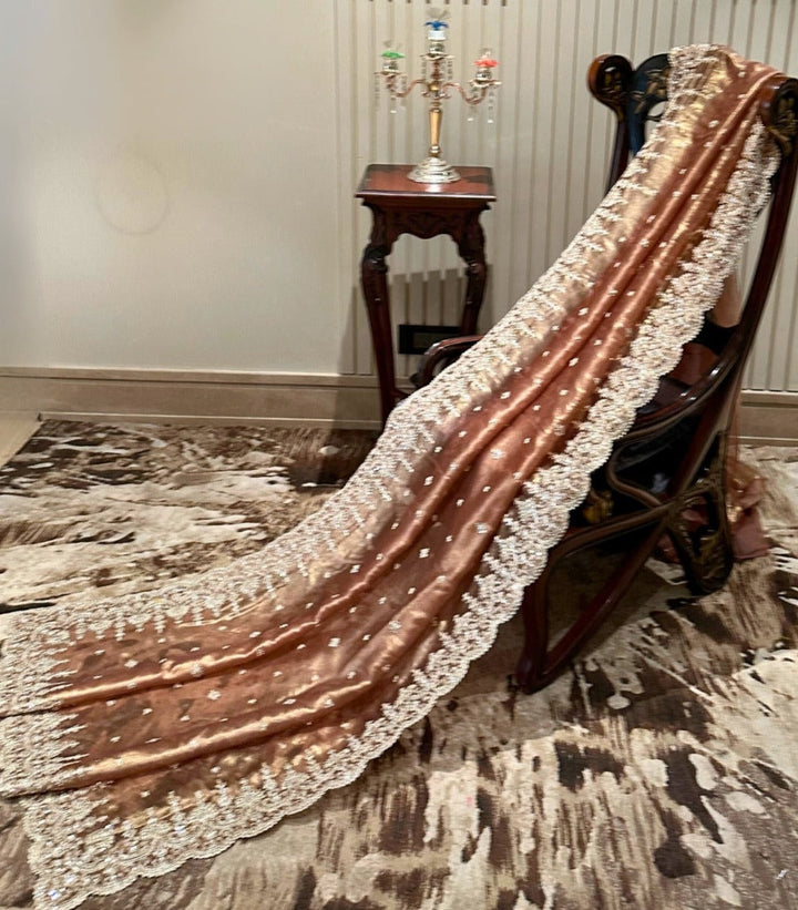 Radiant Brown Organza Saree with Pearl Embellishments