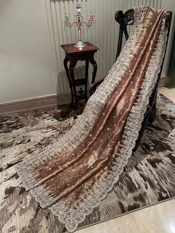 Radiant Brown Organza Saree with Pearl Embellishments