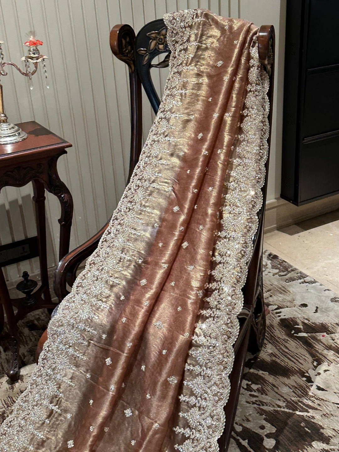 Radiant Brown Organza Saree with Pearl Embellishments