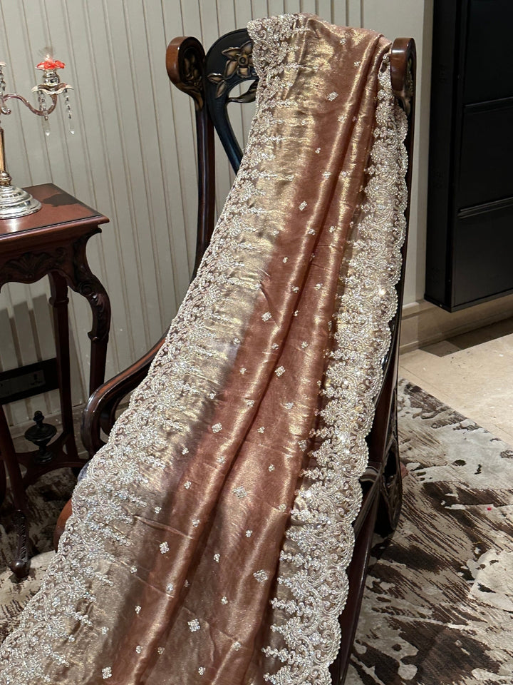 Radiant Brown Organza Saree with Pearl Embellishments
