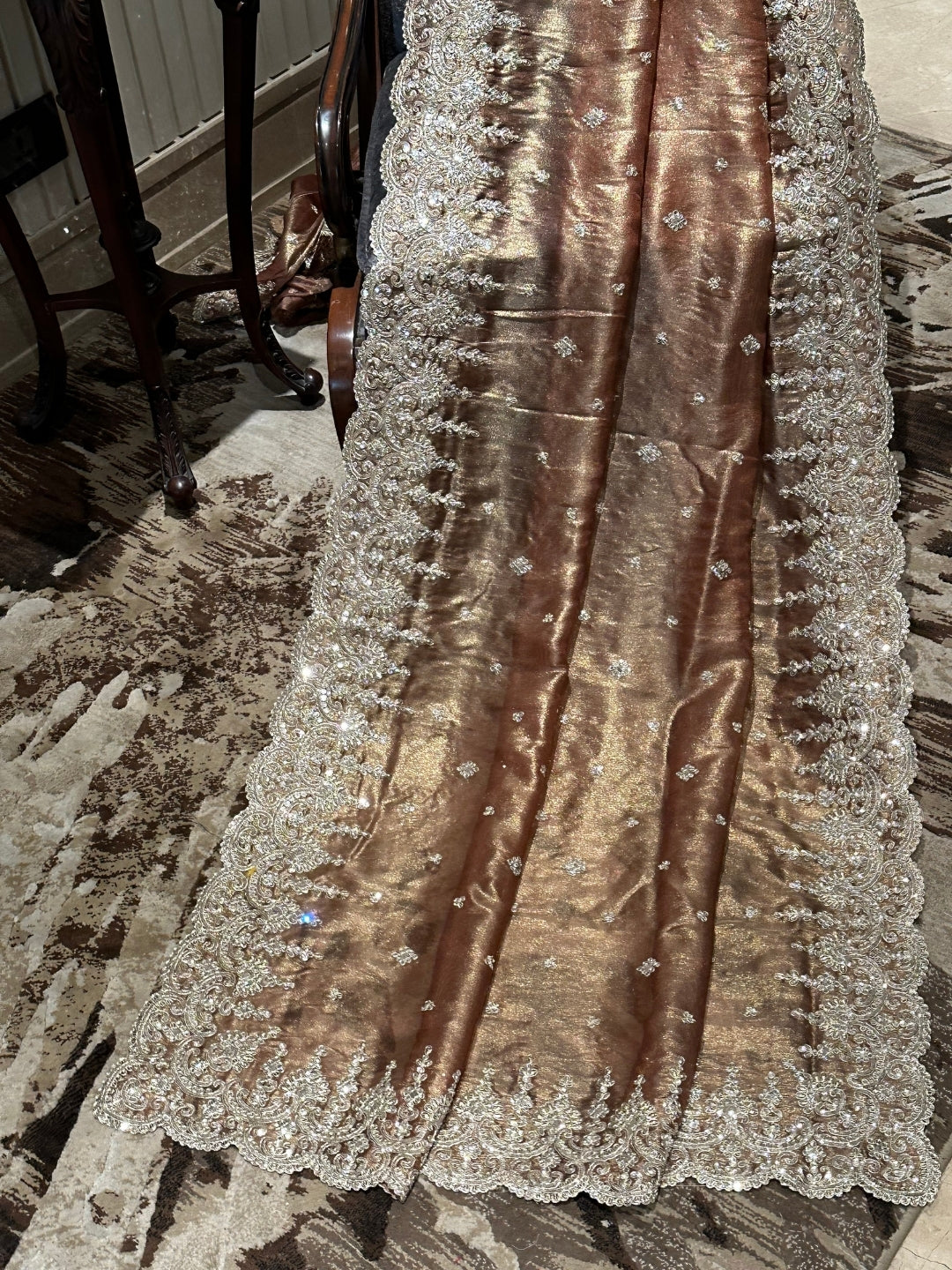 Radiant Brown Organza Saree with Pearl Embellishments