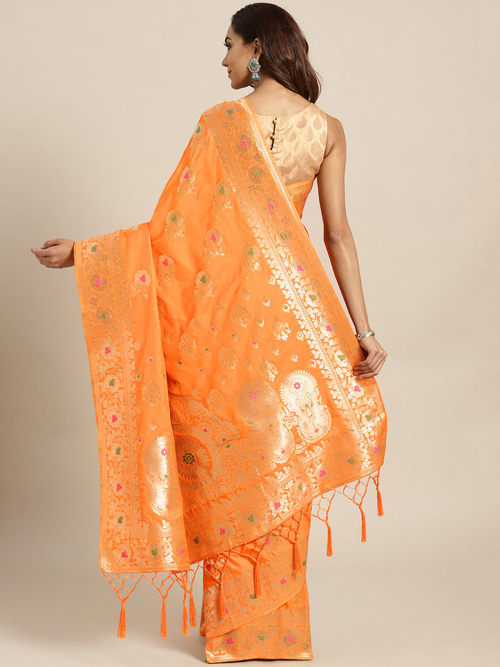 Banarasi Handloom Silk Saree with Floral Meenakari and Jhalar
