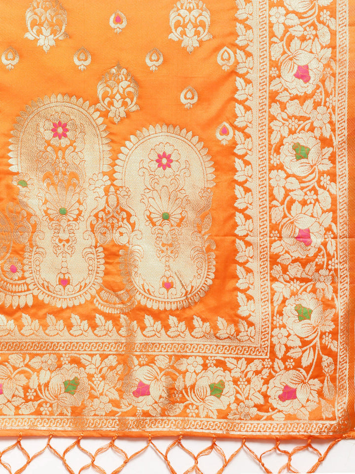 Banarasi Handloom Silk Saree with Floral Meenakari and Jhalar