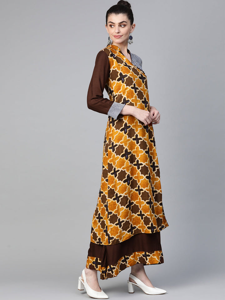 Made to Measure Kalamkari Inspired Print Long Dress with Wooden Buttons & Layering