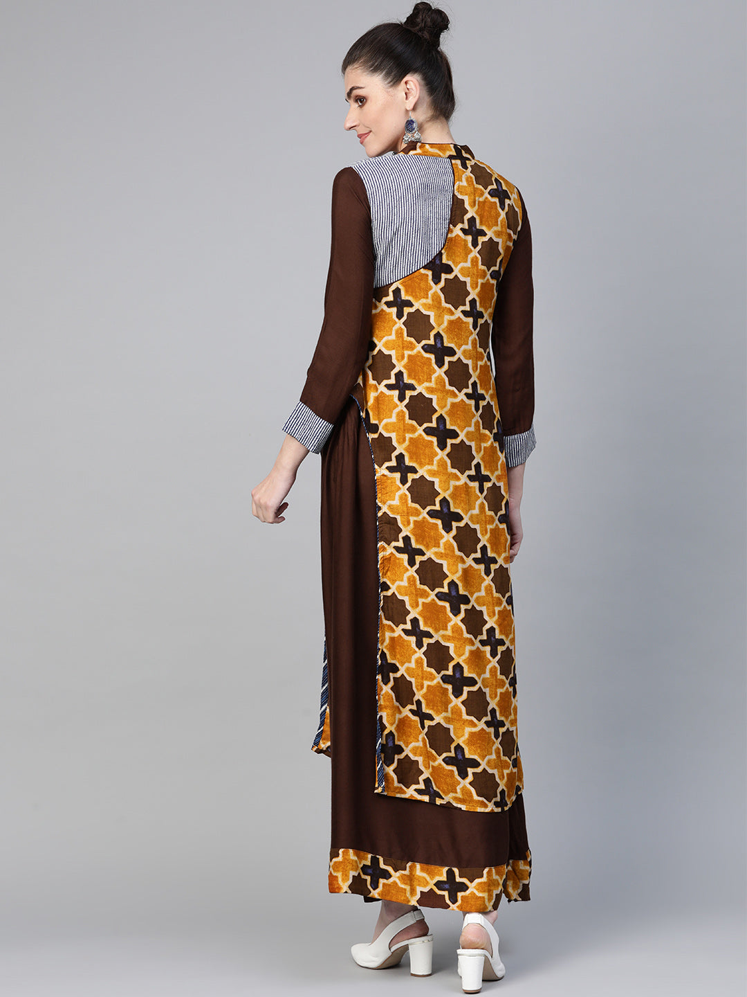 Made to Measure Kalamkari Inspired Print Long Dress with Wooden Buttons & Layering
