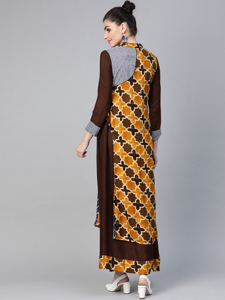 Made to Measure Kalamkari Inspired Print Long Dress with Wooden Buttons & Layering