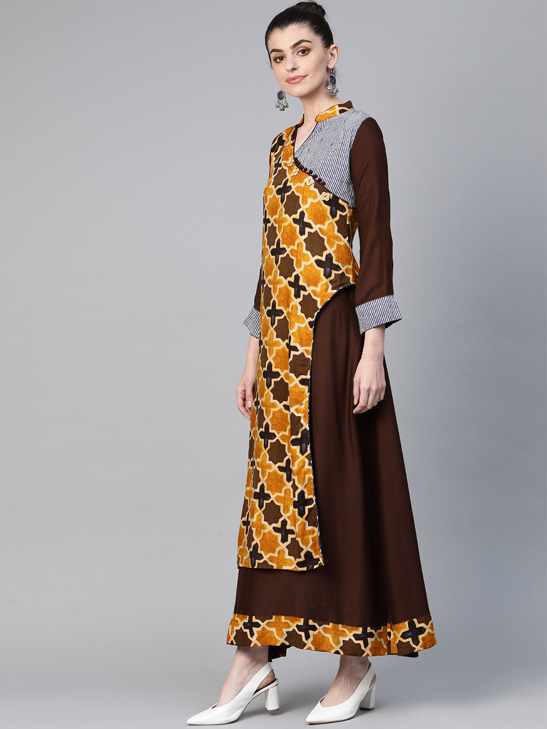 Made to Measure Kalamkari Inspired Print Long Dress with Wooden Buttons & Layering
