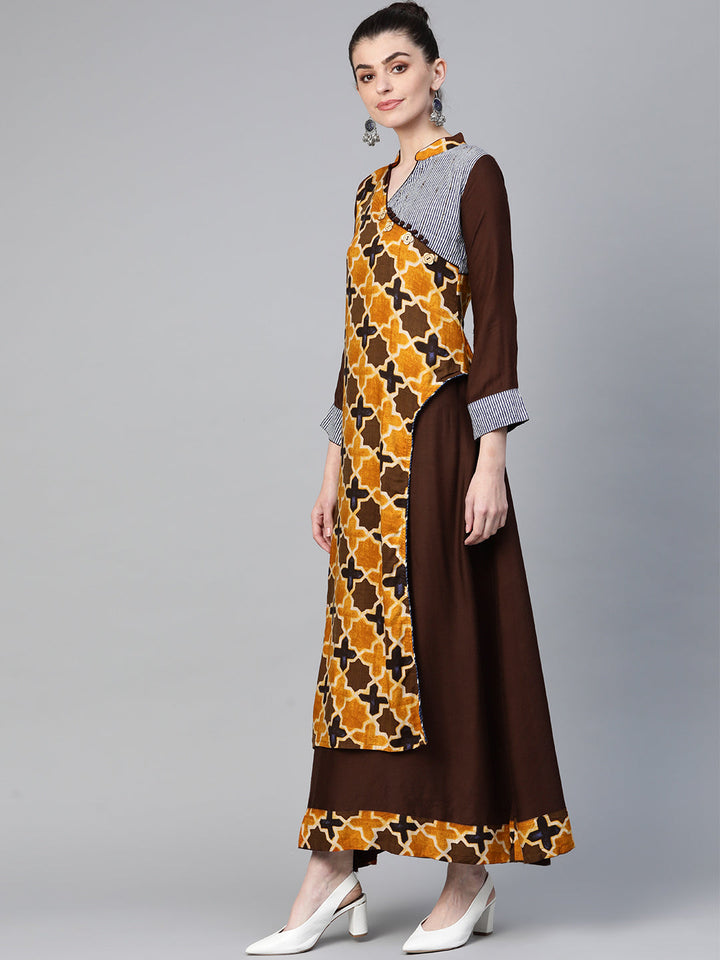 Made to Measure Kalamkari Inspired Print Long Dress with Wooden Buttons & Layering