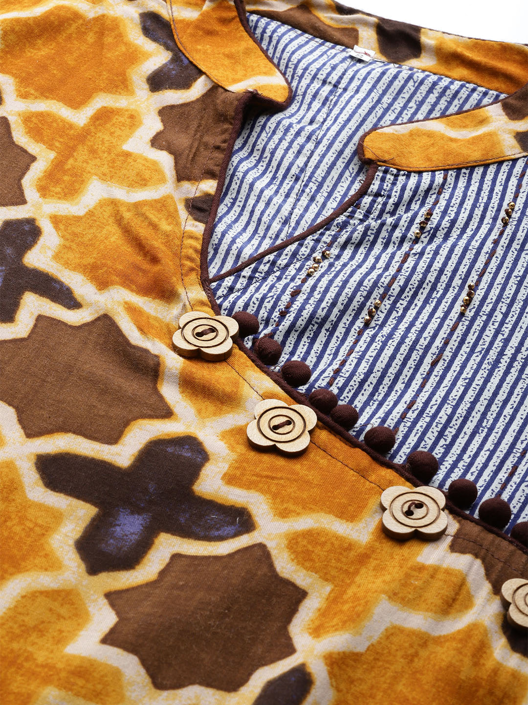 Made to Measure Kalamkari Inspired Print Long Dress with Wooden Buttons & Layering